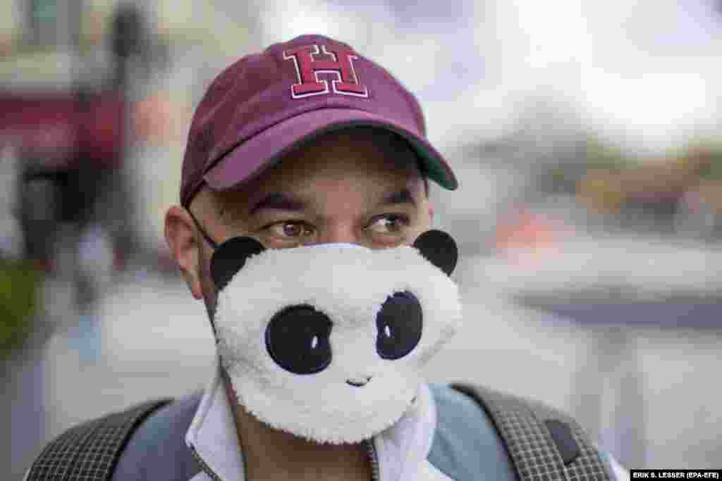 Alan Gordon nosi masku u obliku pande tokom kupovine namirnica u Vašingotnu, 1. aprila.