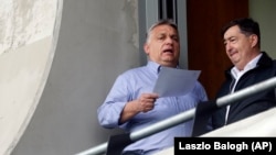 Orbán Viktor beszél Mészáros Lőrinchez a Felcsút hazai meccsén, az európai parlamenti választások előtt, 2019. május 19-én