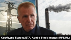 Христо Ковачки. На фона са електрически стълб и комините на ТЕЦ "Брикел". Колаж