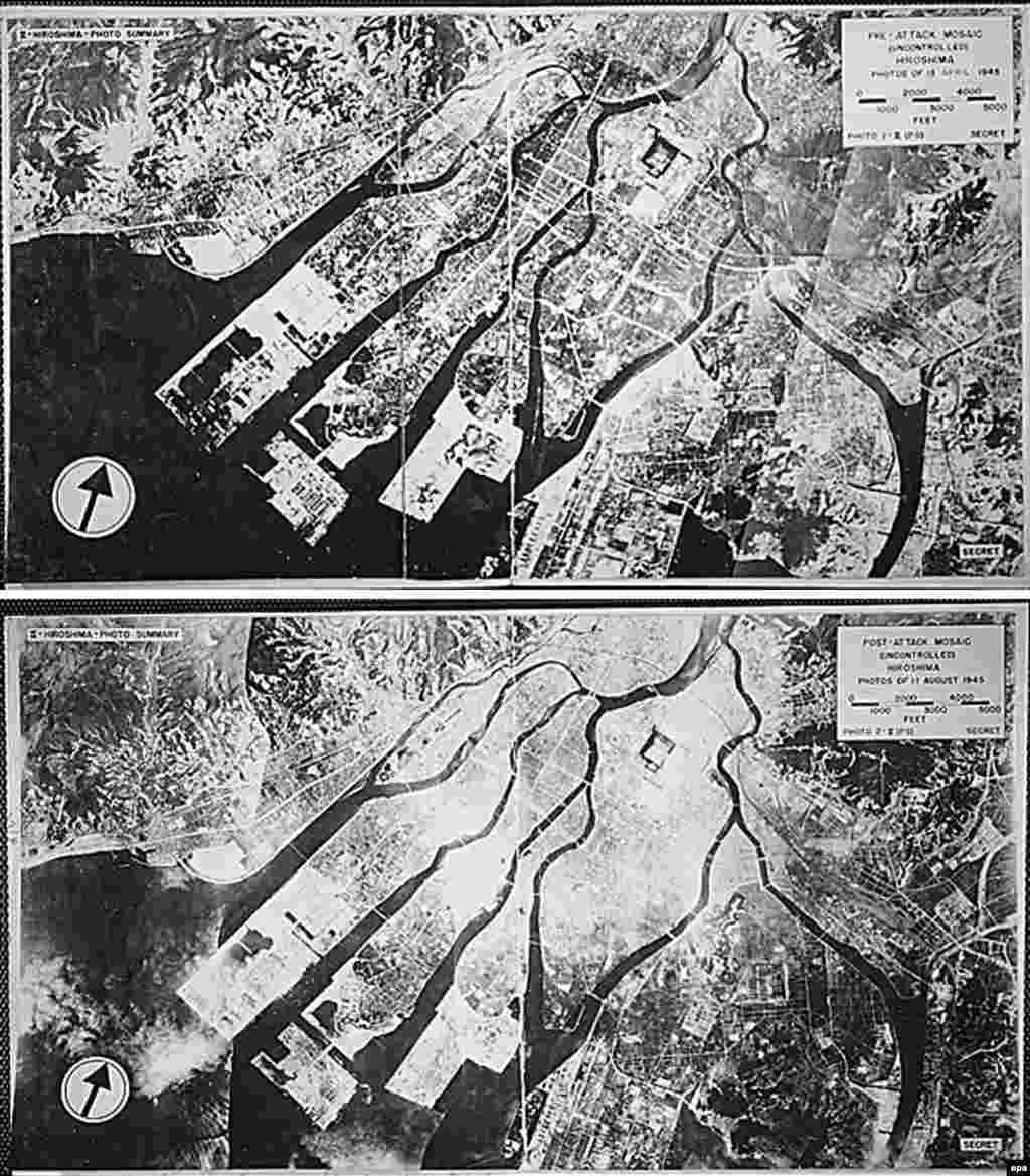 Imagine din satelit: Hiroshima înainte (aprilie 1945) și după explozie (6 august 1945).