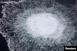 შვედეთის ეკონომიკური ზონა. ბალტიის ზღვა. გაზის გაჟონავს "ჩრდილოეთის ნაკადის" გაზსადენიდან. ფოტო გადაღებულია შვედეთის სანაპირო დაცვის თვითმფრინავიდან 2022 წლის 28 სექტემბერს