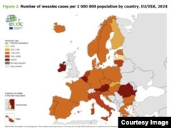 Graficul de mai sus arată că România are de departe cele mai multe cazuri de rujeolă.