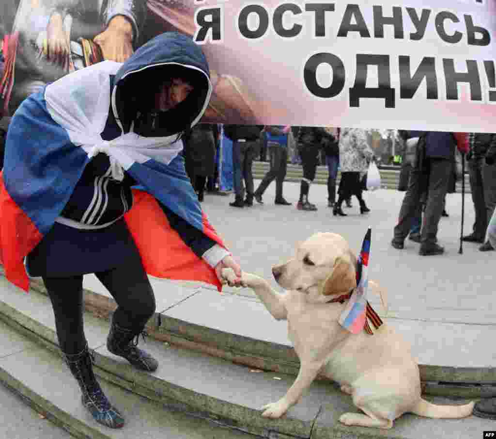 Женщина, укутанная в российский флаг, играет с собакой во время пророссийского митинга в Донецке, 29 марта 2014 года